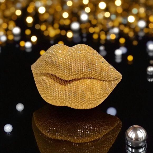 1 PC DECOR: Gold Glitter Beaded Resin Textured Lips Statue w/Sleek Finish, NIB - Picture 1 of 14